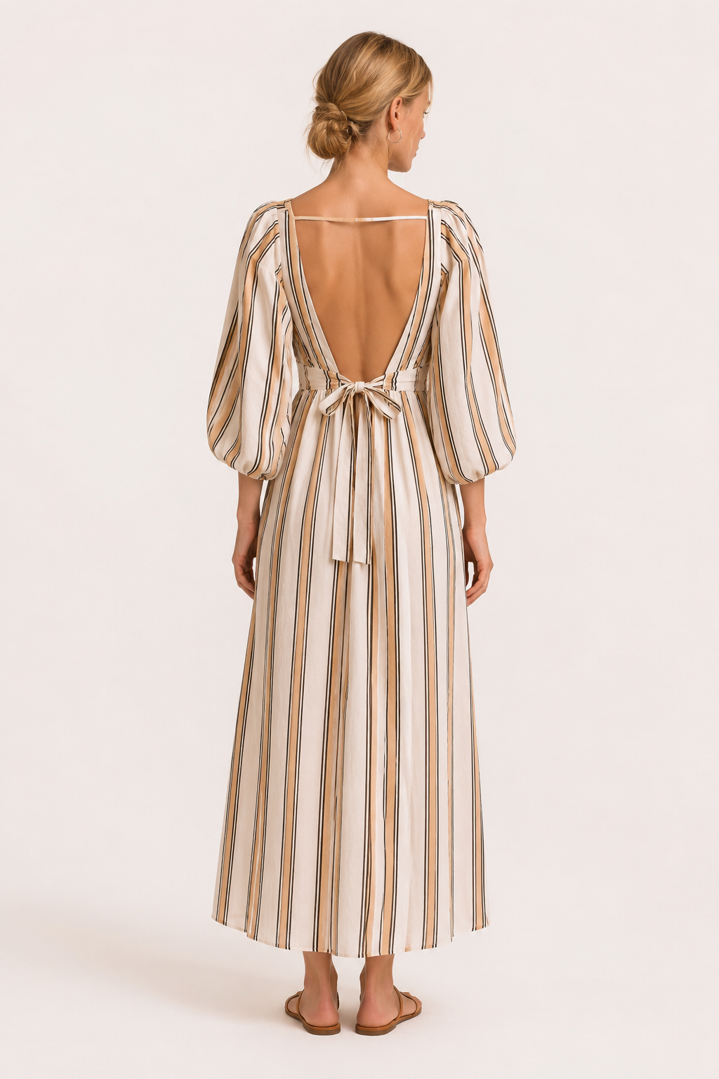 Vestido largo mujer rayas verticales manga abullonada cintura alta – Larissa
