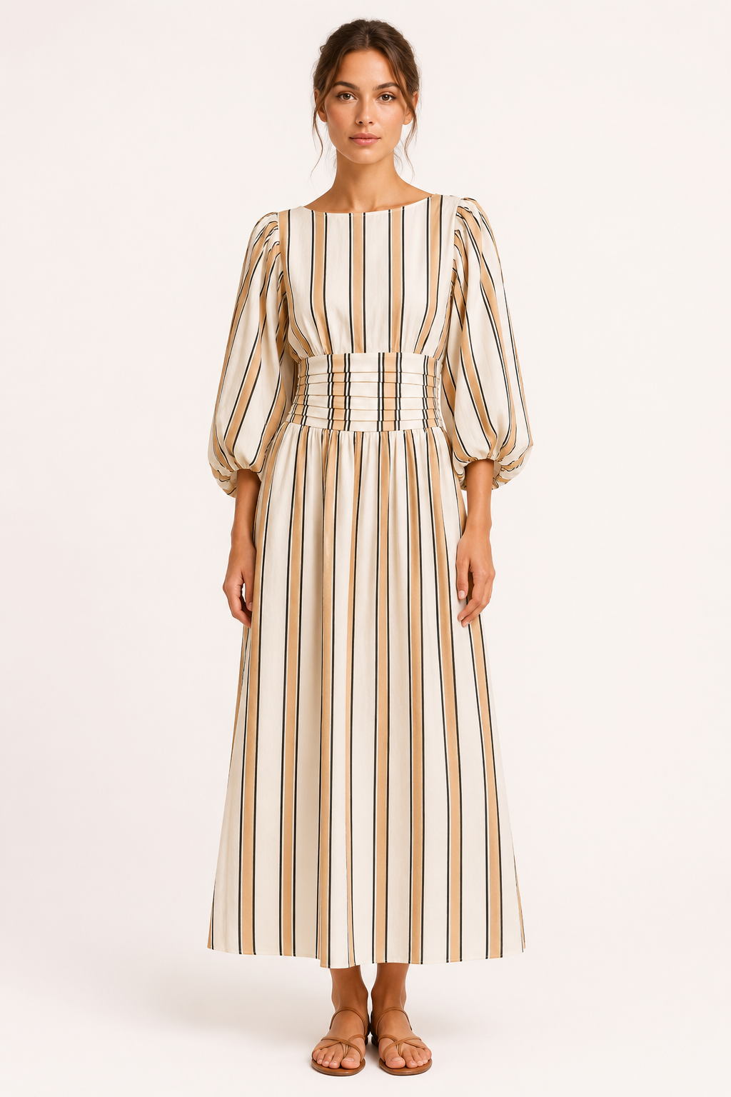 Vestido largo mujer rayas verticales manga abullonada cintura alta – Larissa