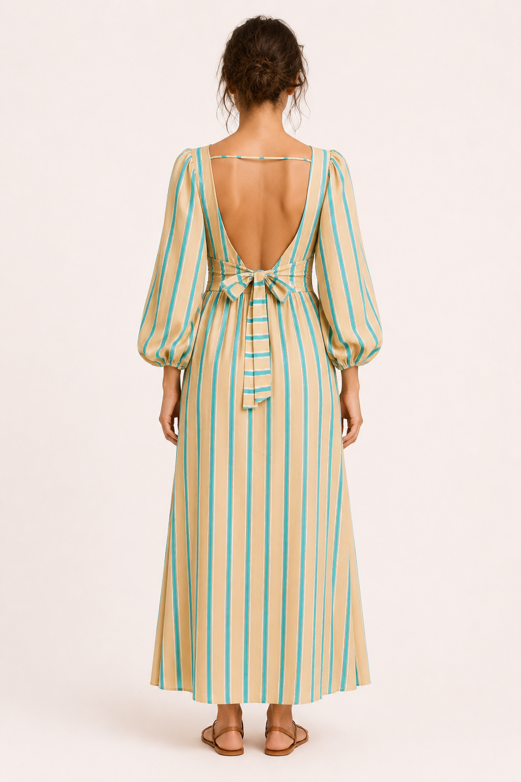 Vestido largo mujer rayas verticales manga abullonada cintura alta – Larissa