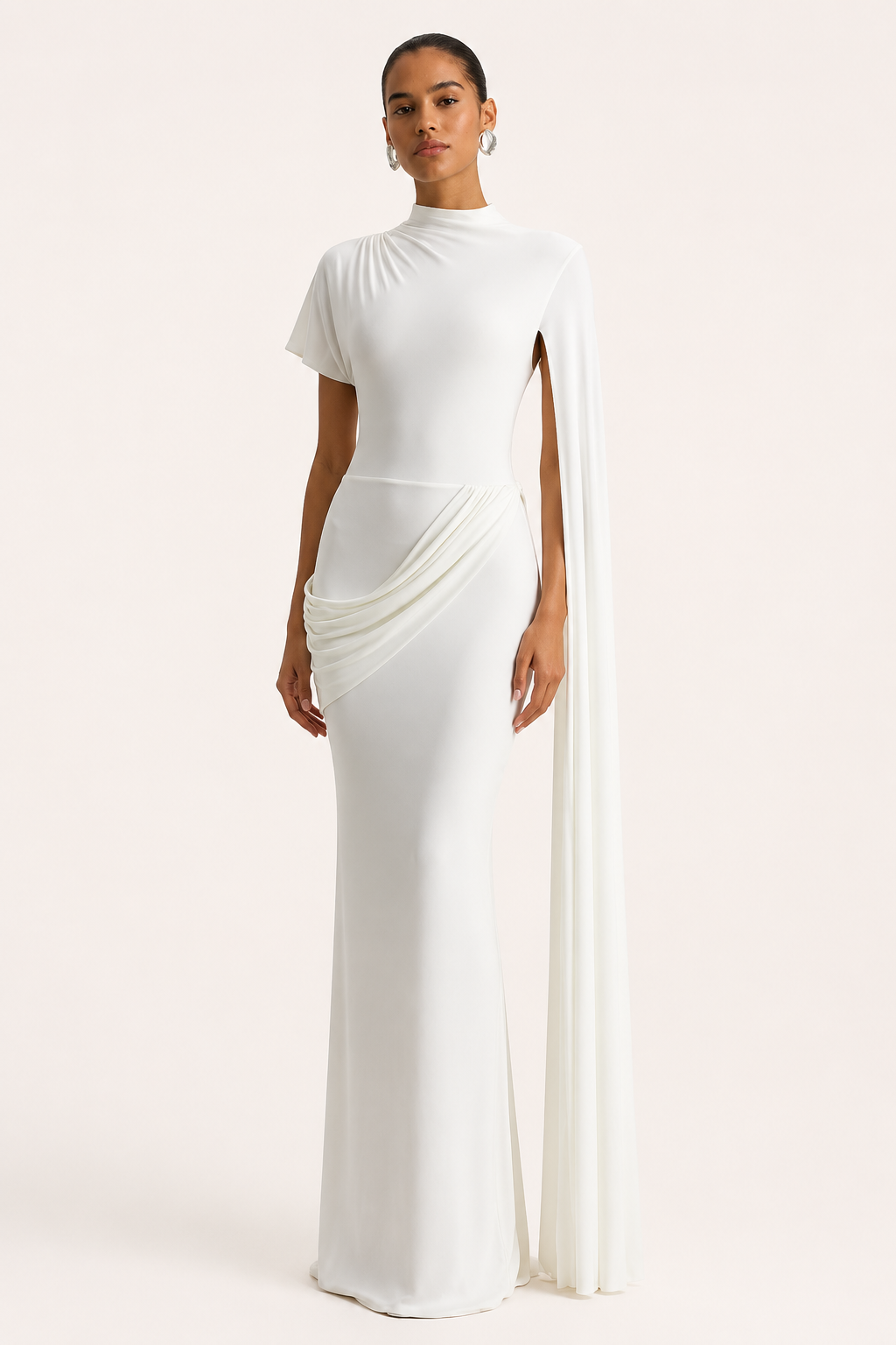 Vestido largo mujer gala cuello alto capa lateral drapeado – Mirna