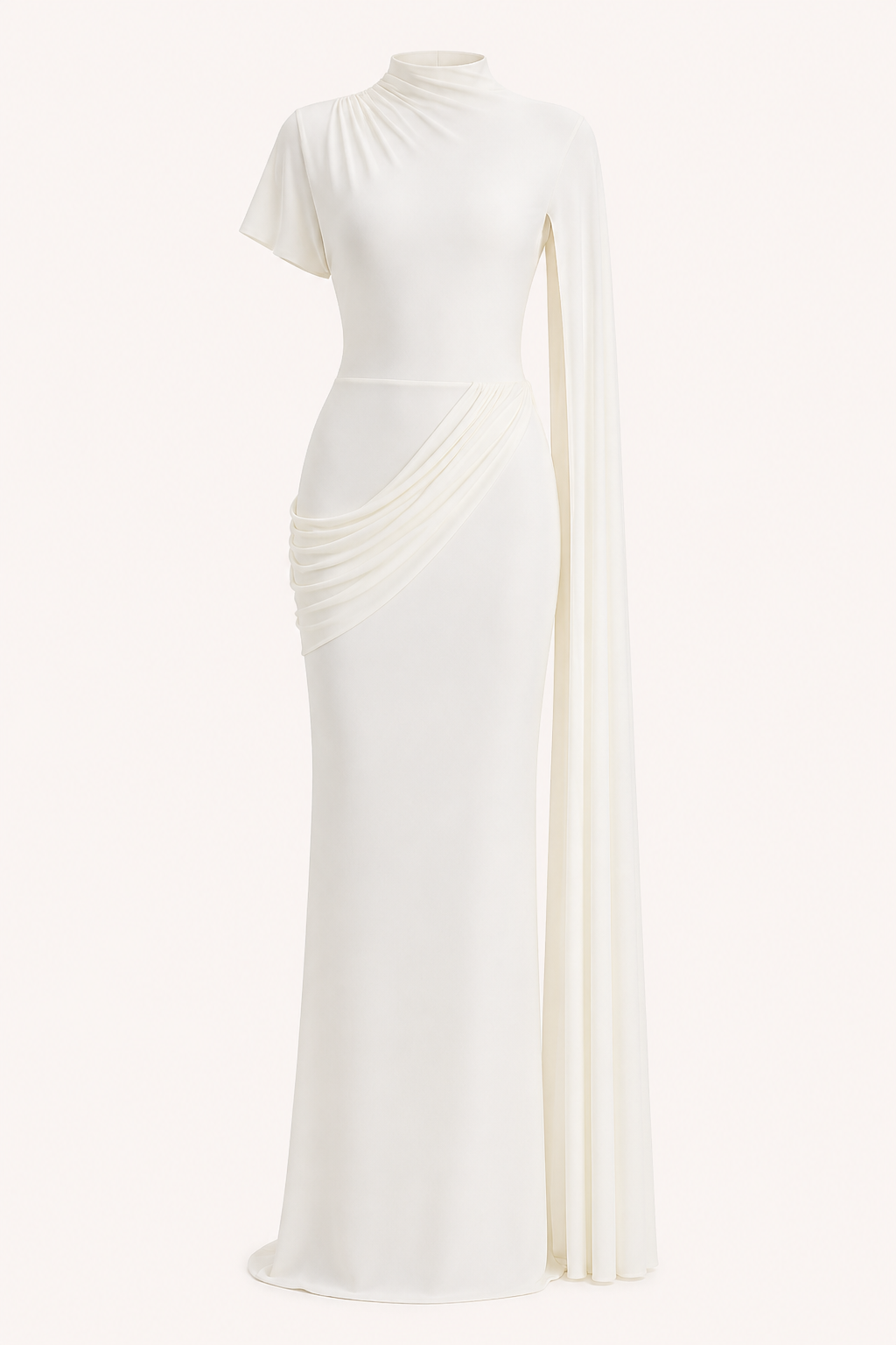 Vestido largo mujer gala cuello alto capa lateral drapeado – Mirna