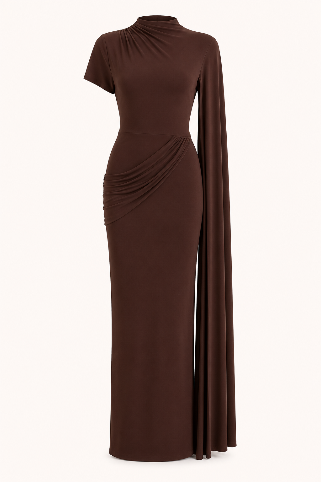 Vestido largo mujer gala cuello alto capa lateral drapeado – Mirna