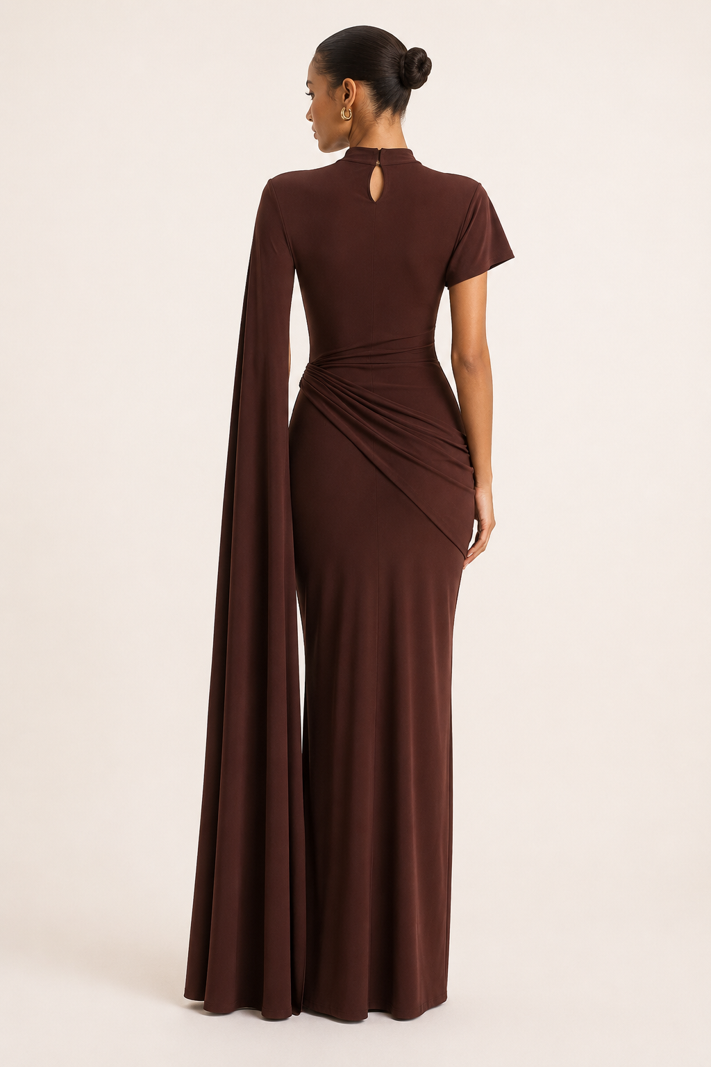 Vestido largo mujer gala cuello alto capa lateral drapeado – Mirna