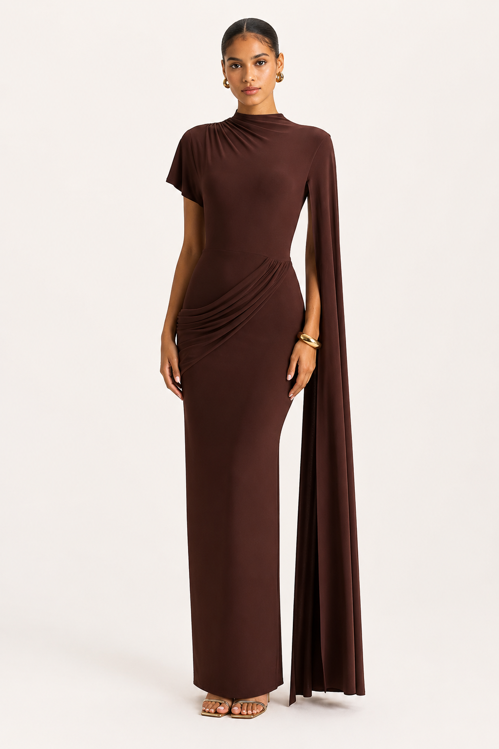 Vestido largo mujer gala cuello alto capa lateral drapeado – Mirna