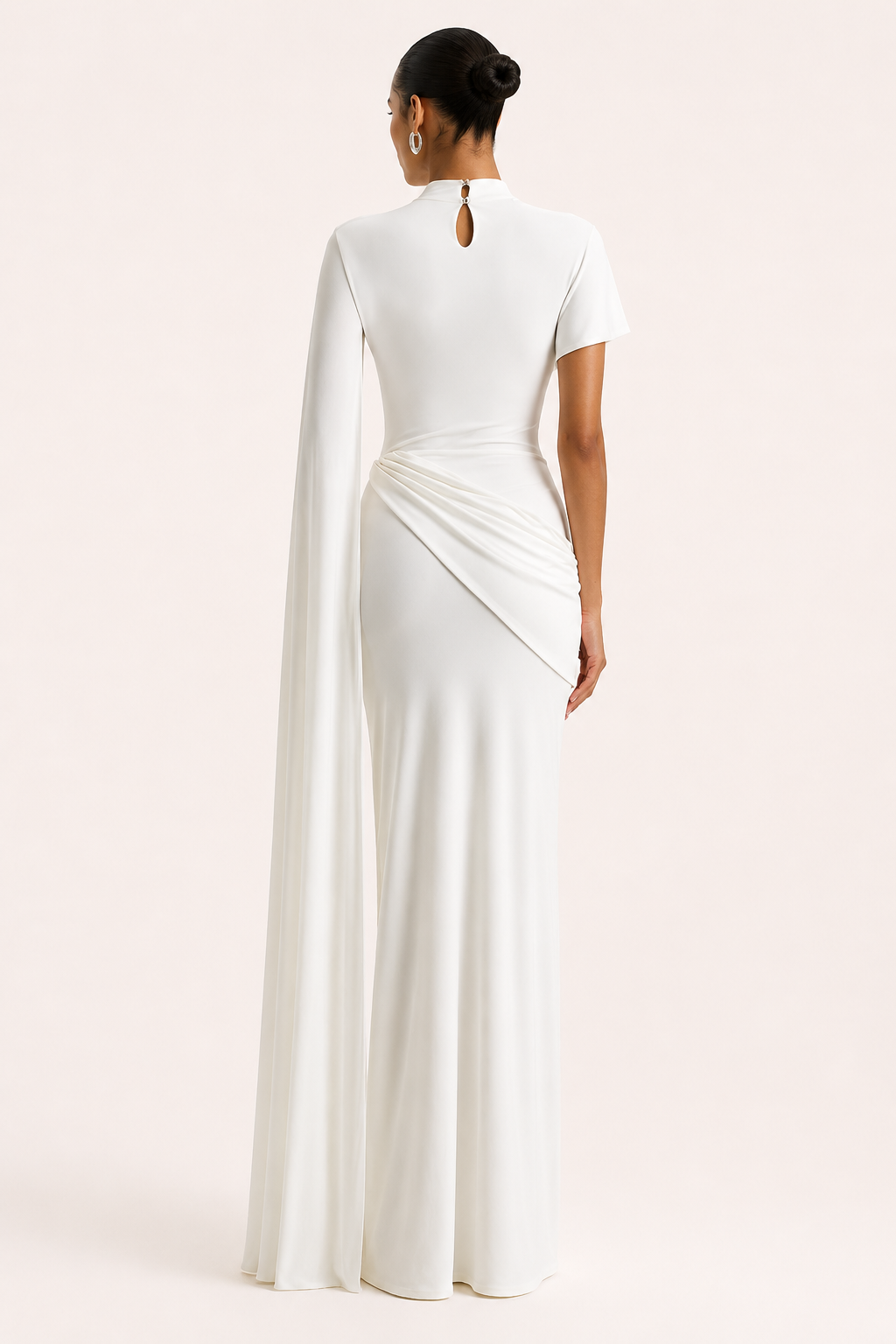 Vestido largo mujer gala cuello alto capa lateral drapeado – Mirna