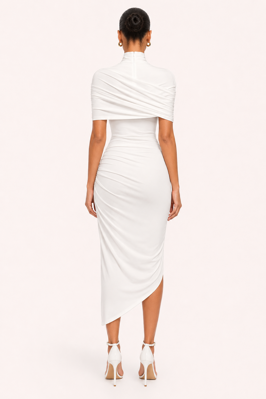 Vestido midi mujer invitada boda cuello alto drapeado caída asimétrica – Katja