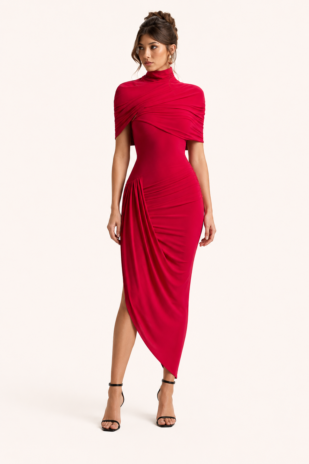 Vestido midi mujer invitada boda cuello alto drapeado caída asimétrica – Katja
