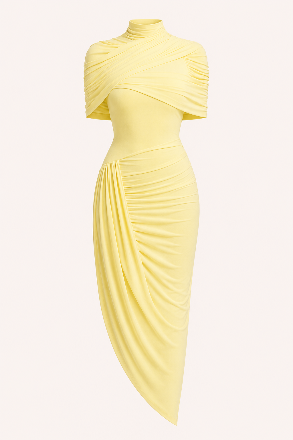 Vestido midi mujer invitada boda cuello alto drapeado caída asimétrica – Katja