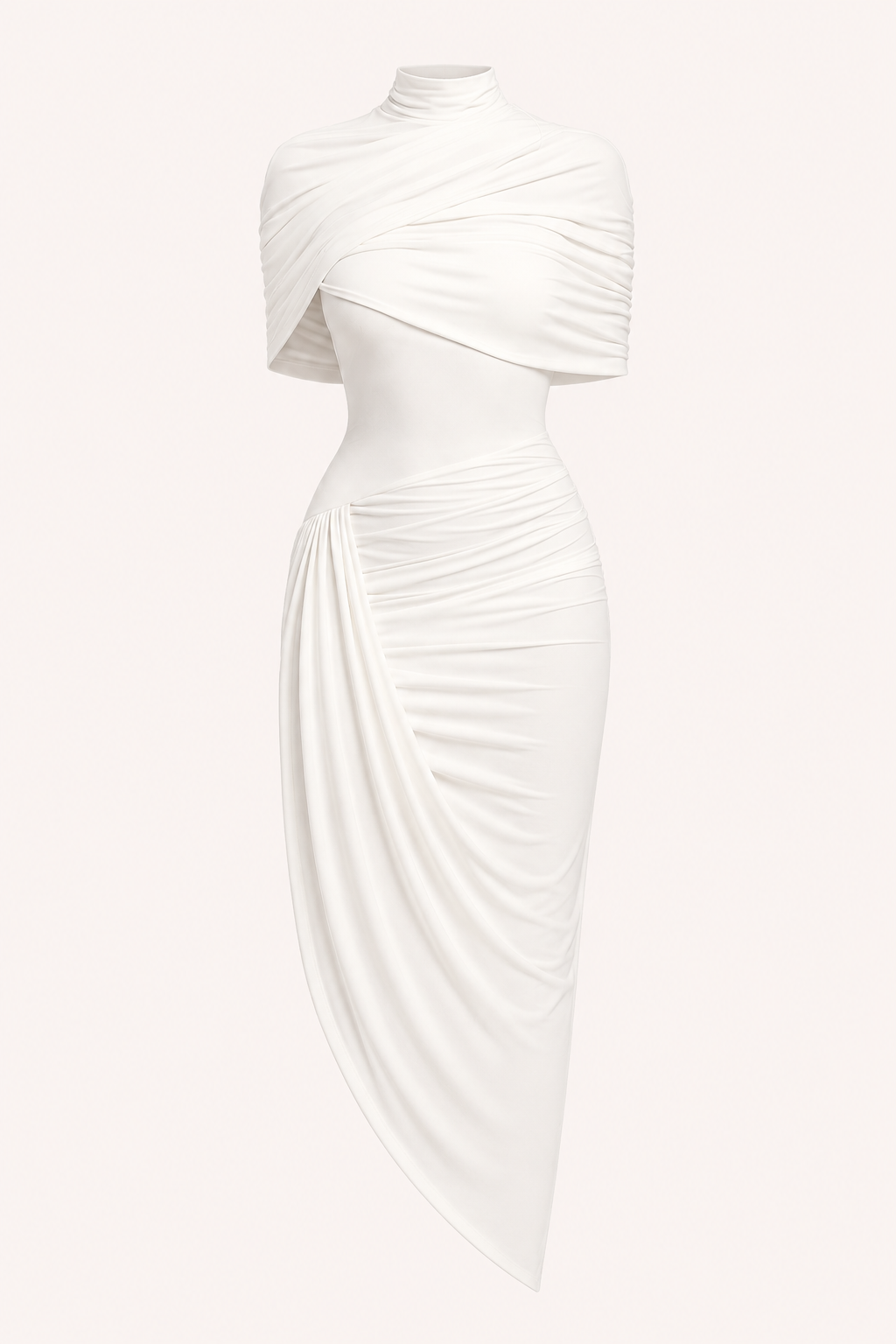 Vestido midi mujer invitada boda cuello alto drapeado caída asimétrica – Katja