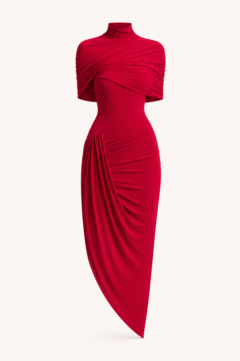 Vestido midi mujer invitada boda cuello alto drapeado caída asimétrica – Katja