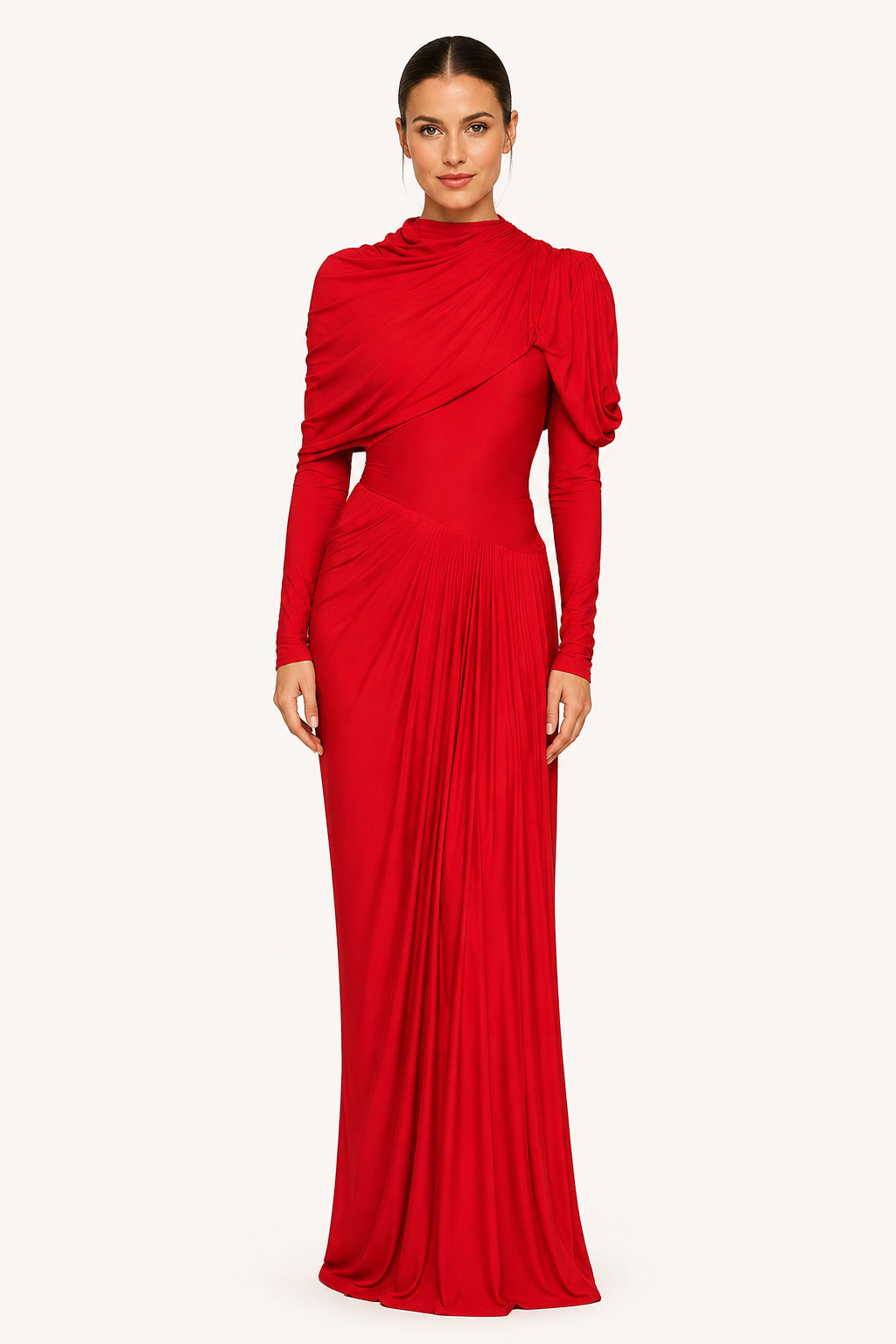 Vestido largo mujer elegante cuello alto manga larga hombro recogido – Sonhia