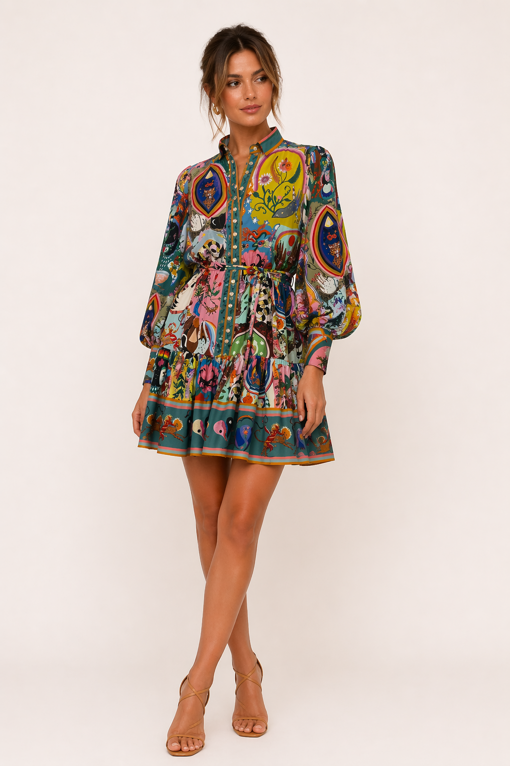 Vestido corto estampado manga larga cinturón mujer - Iria