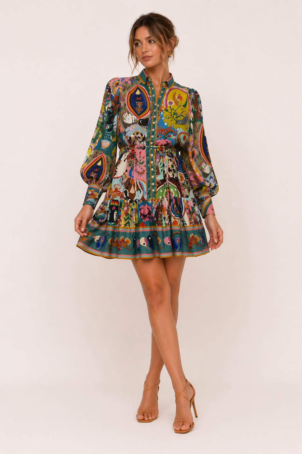 Vestido corto estampado manga larga cinturón mujer - Iria