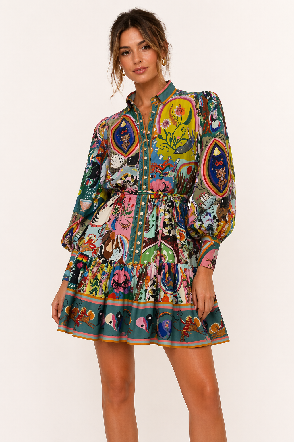 Vestido corto estampado manga larga cinturón mujer - Iria