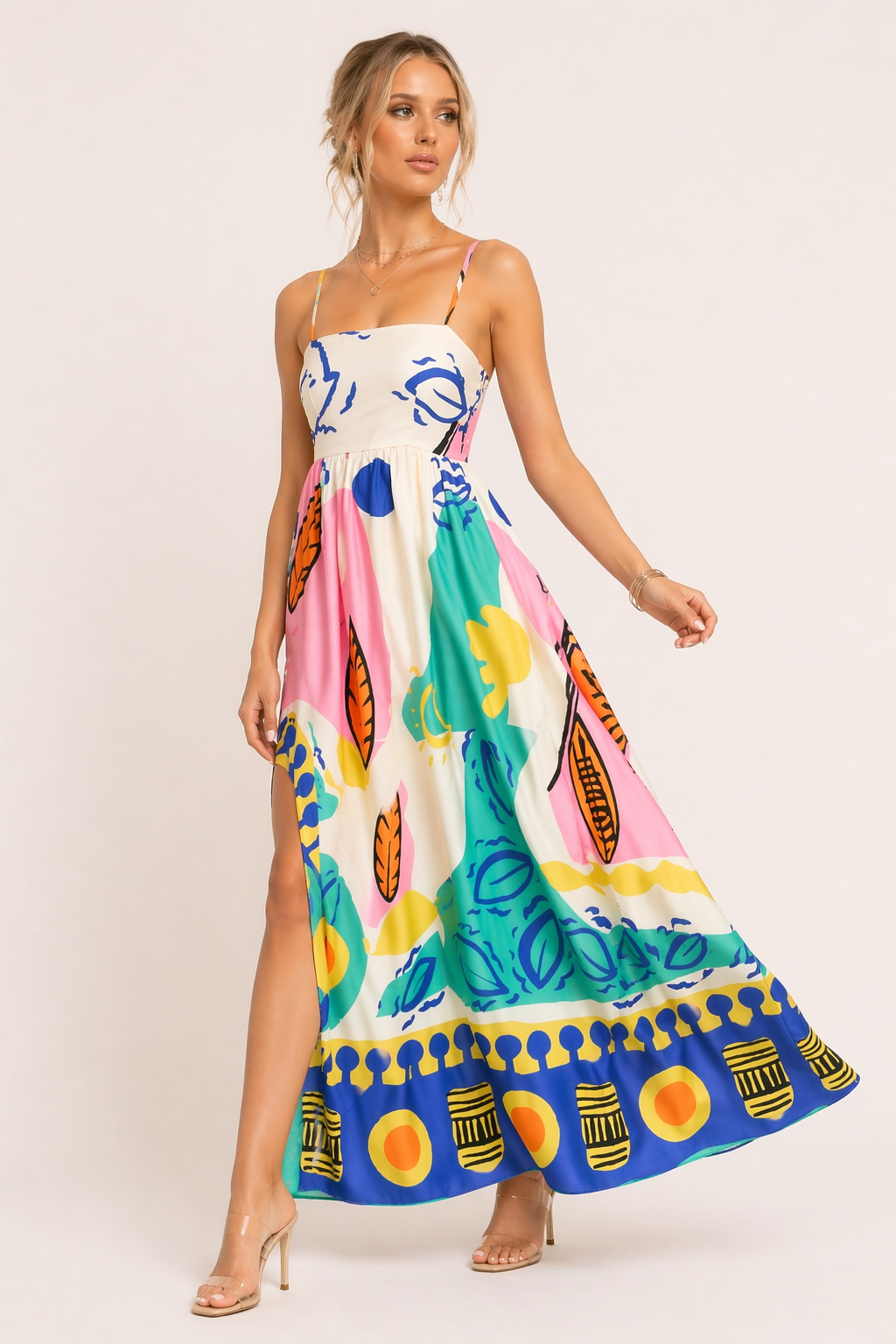 Vestido largo estampado tirantes abertura mujer verano - Aroa