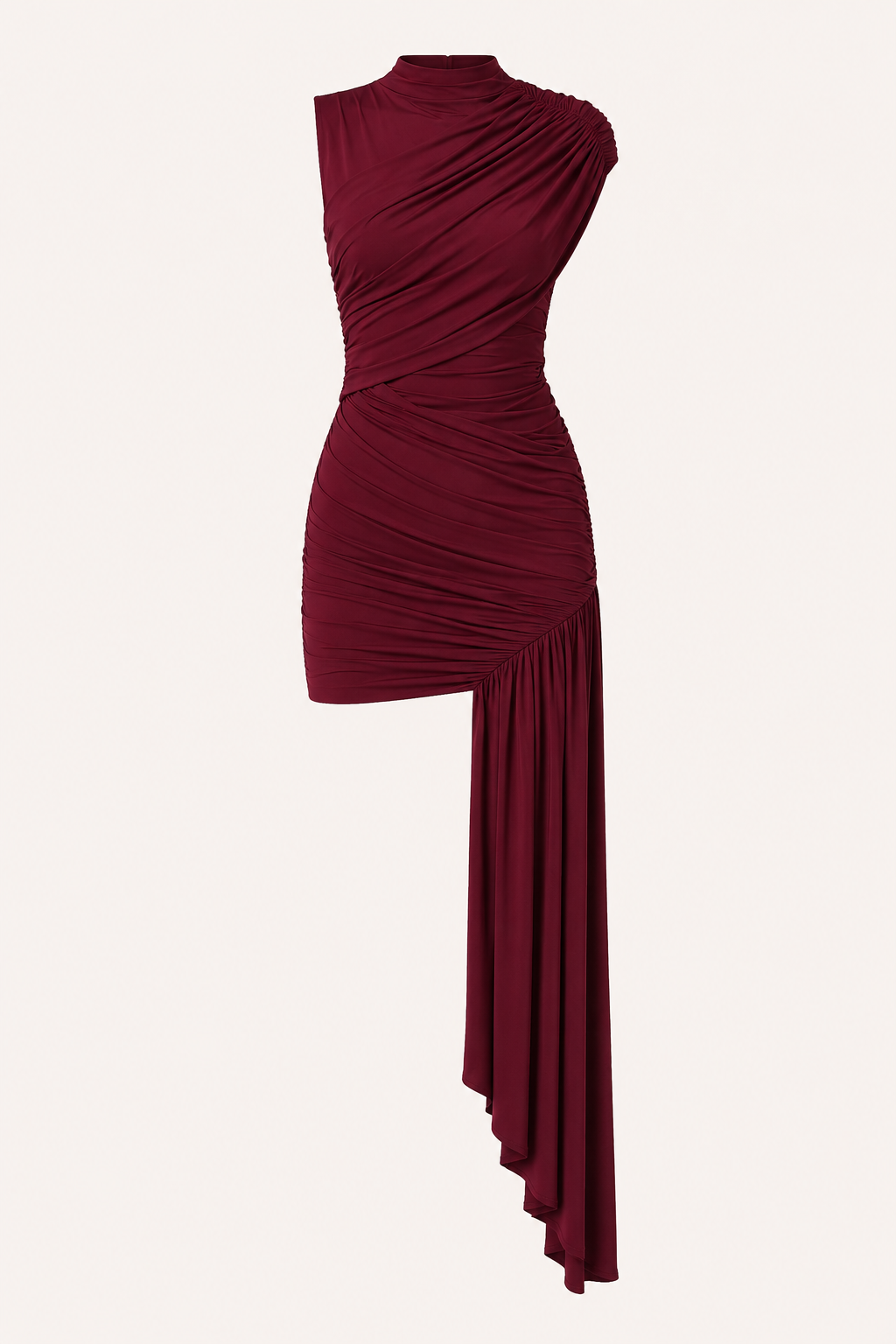 Vestido corto mujer elegante fruncido ajustado cuello alto hombro descubierto – Elisa