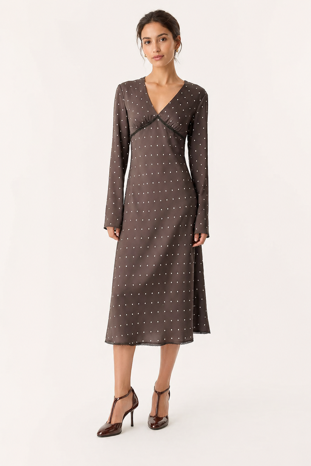 Vestido midi mujer manga larga lunares cuello V casual - Ottilie