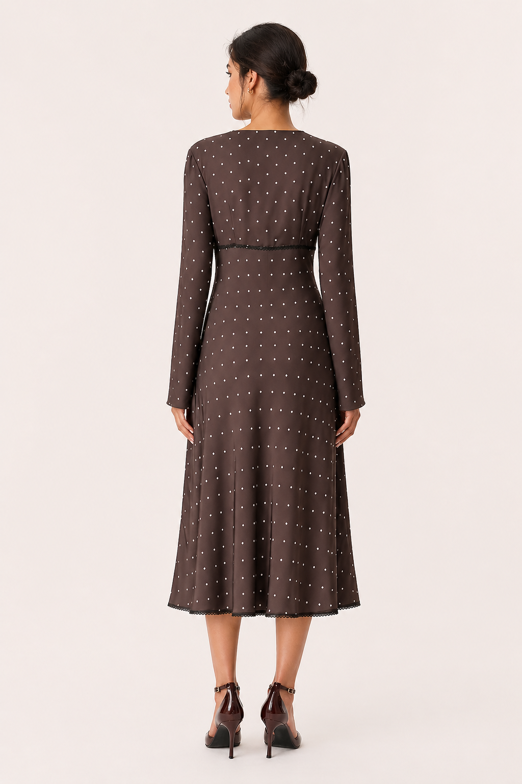 Vestido midi mujer manga larga lunares cuello V casual - Ottilie