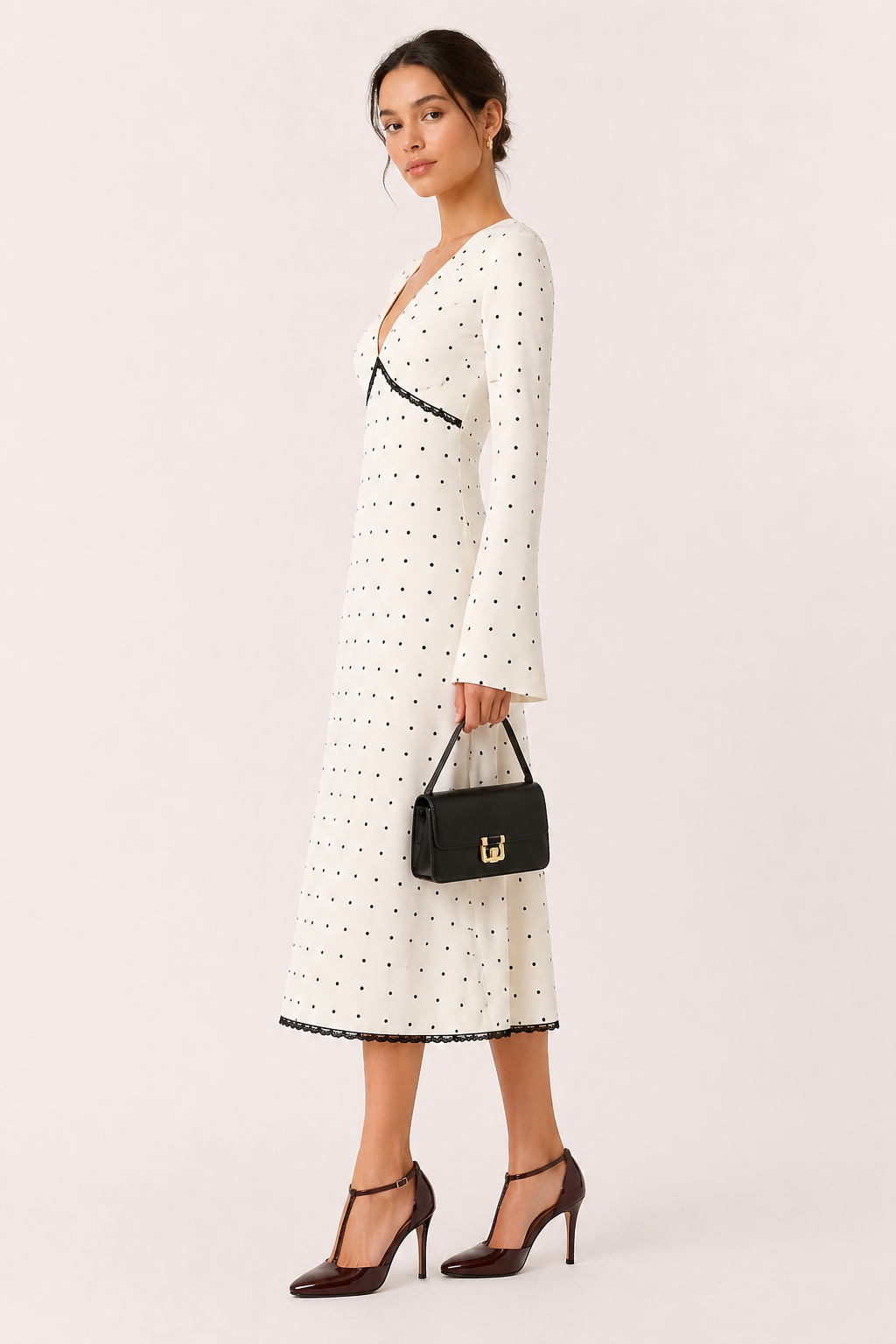 Vestido midi mujer manga larga lunares cuello V casual - Ottilie