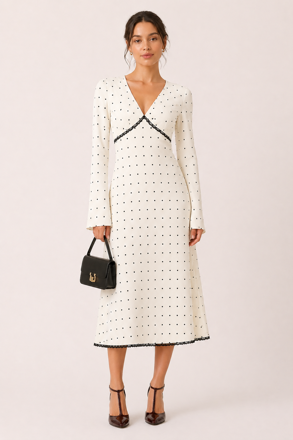 Vestido midi mujer manga larga lunares cuello V casual - Ottilie