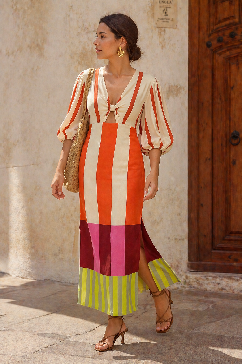 Vestido midi rayas manga larga abertura lateral mujer - Frida