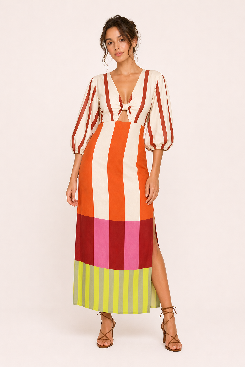 Vestido midi rayas manga larga abertura lateral mujer - Frida