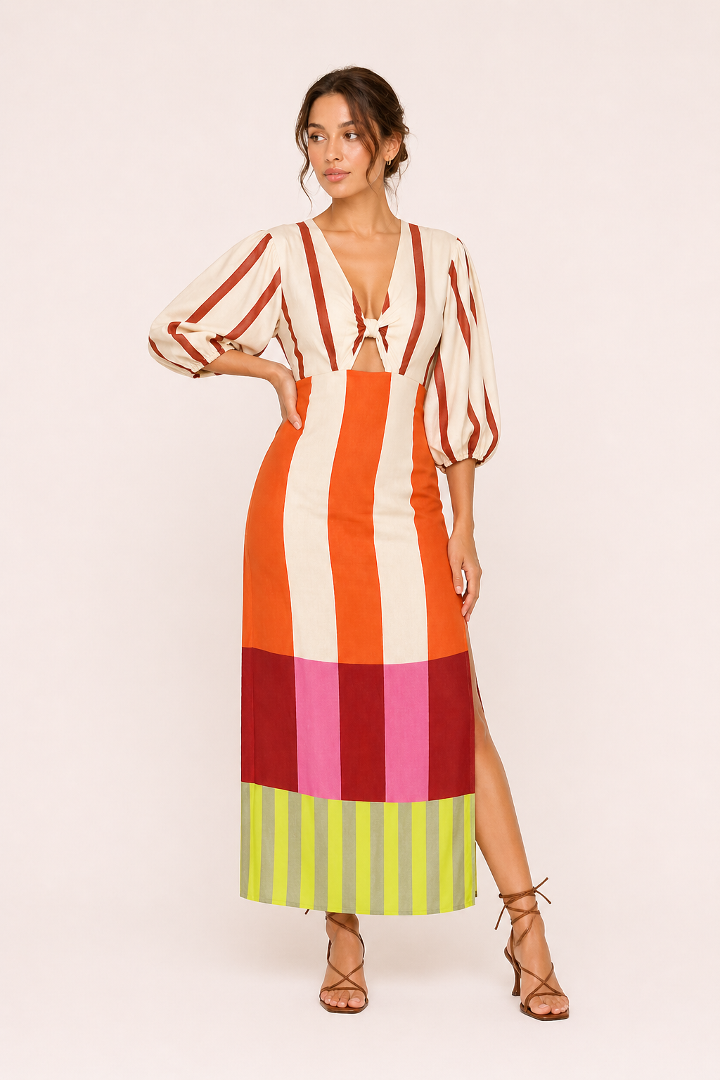 Vestido midi rayas manga larga abertura lateral mujer - Frida