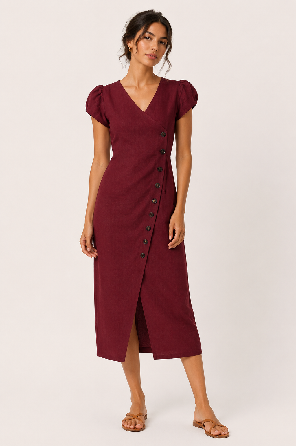 Vestido midi mujer escote V manga volumen botones costado – Gisela