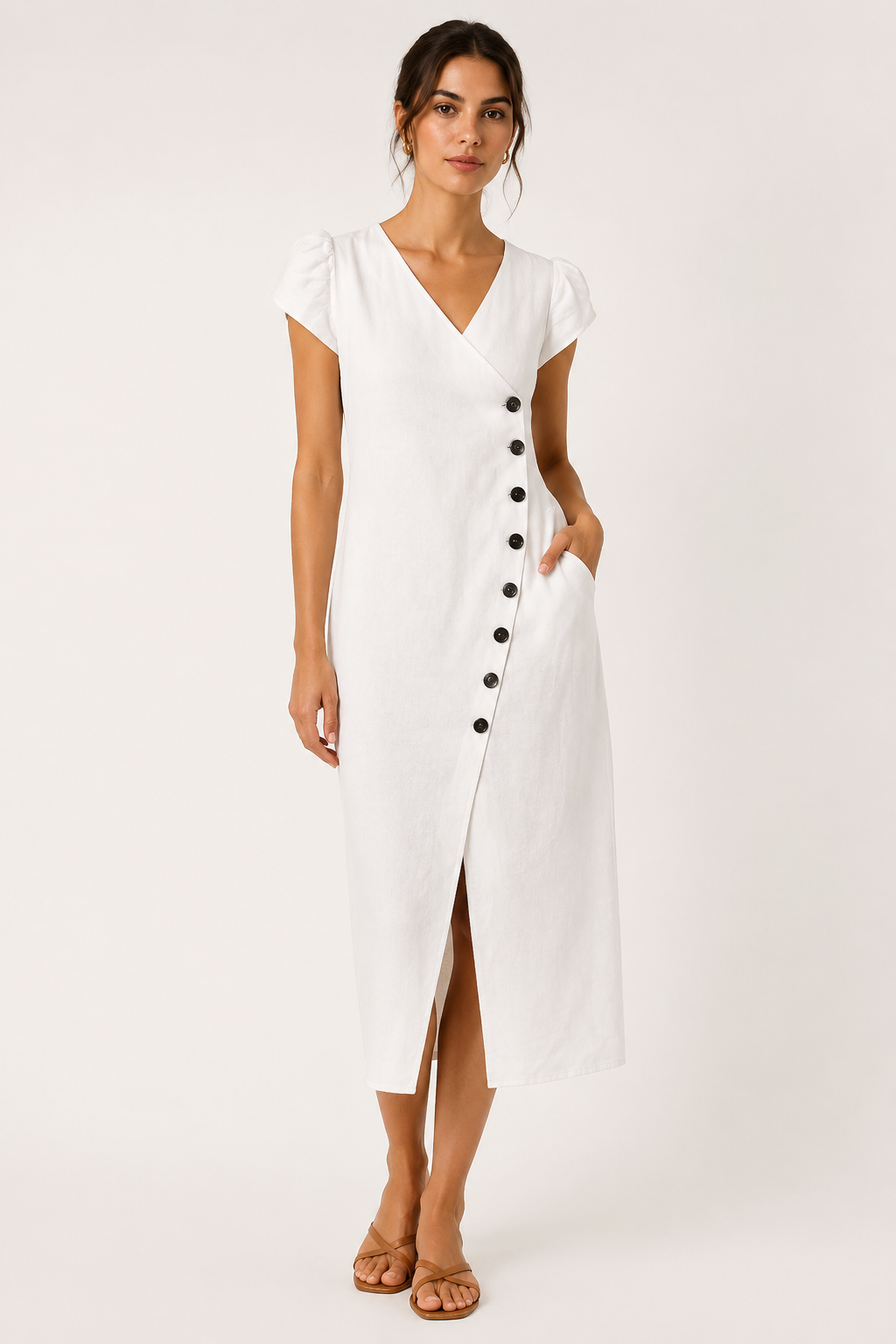 Vestido midi mujer escote V manga volumen botones costado – Gisela