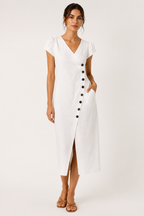 Vestido midi mujer escote V manga volumen botones costado – Gisela