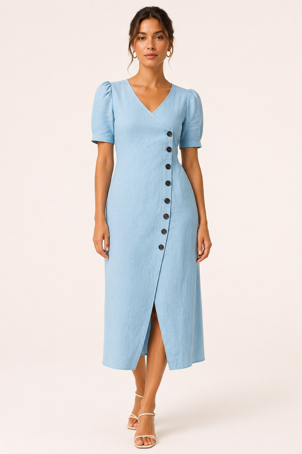 Vestido midi mujer escote V manga volumen botones costado – Gisela