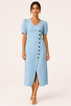 Vestido midi mujer escote V manga volumen botones costado – Gisela