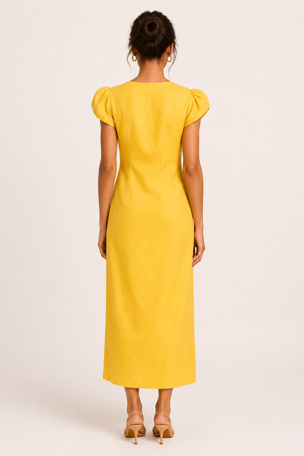 Vestido midi mujer escote V manga volumen botones costado – Gisela