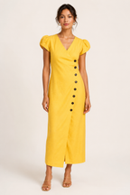 Vestido midi mujer escote V manga volumen botones costado – Gisela