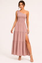 Vestido largo mujer un hombro lazo busto fruncido abertura – Karla