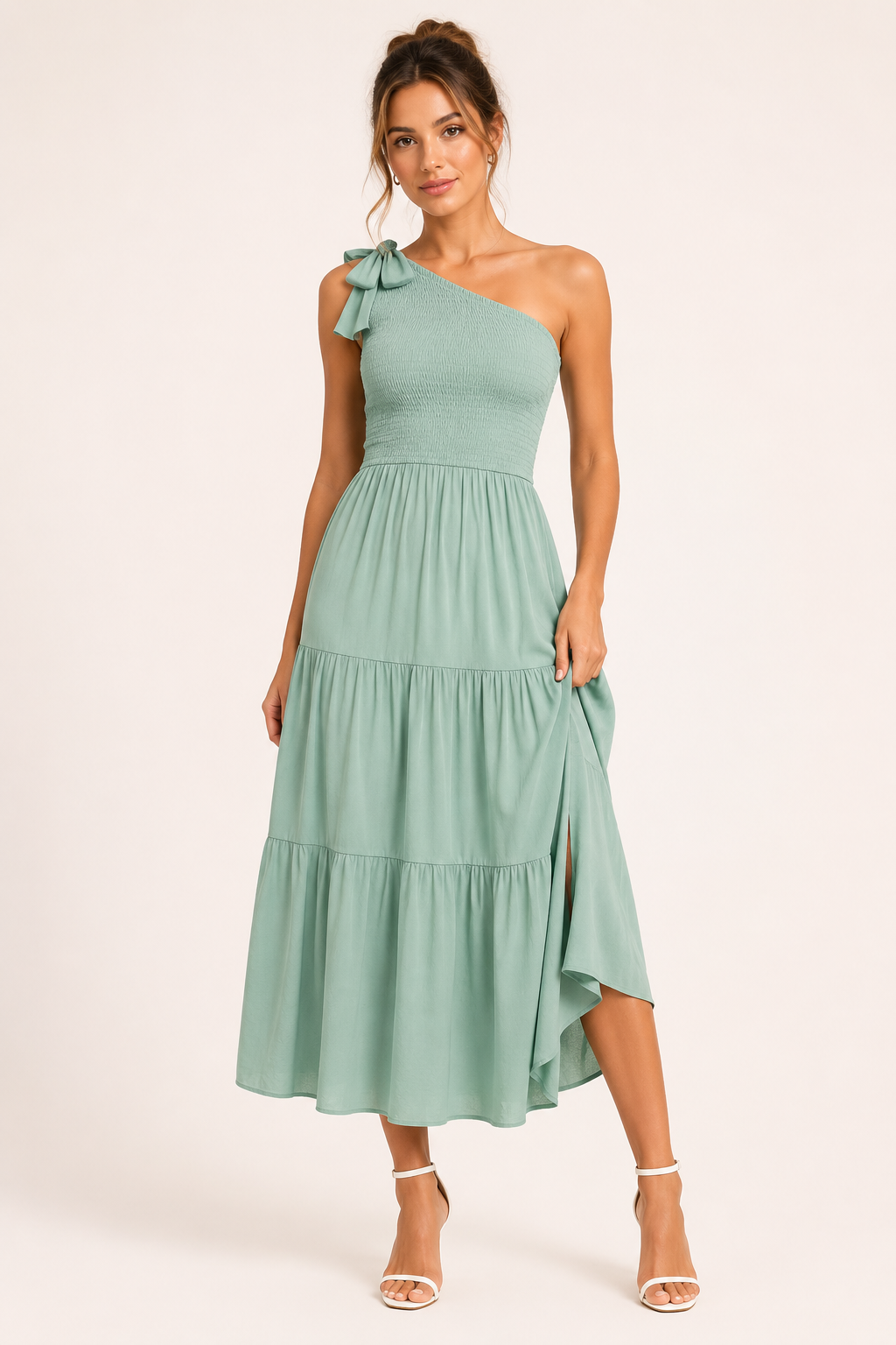 Vestido largo mujer un hombro lazo busto fruncido abertura – Karla