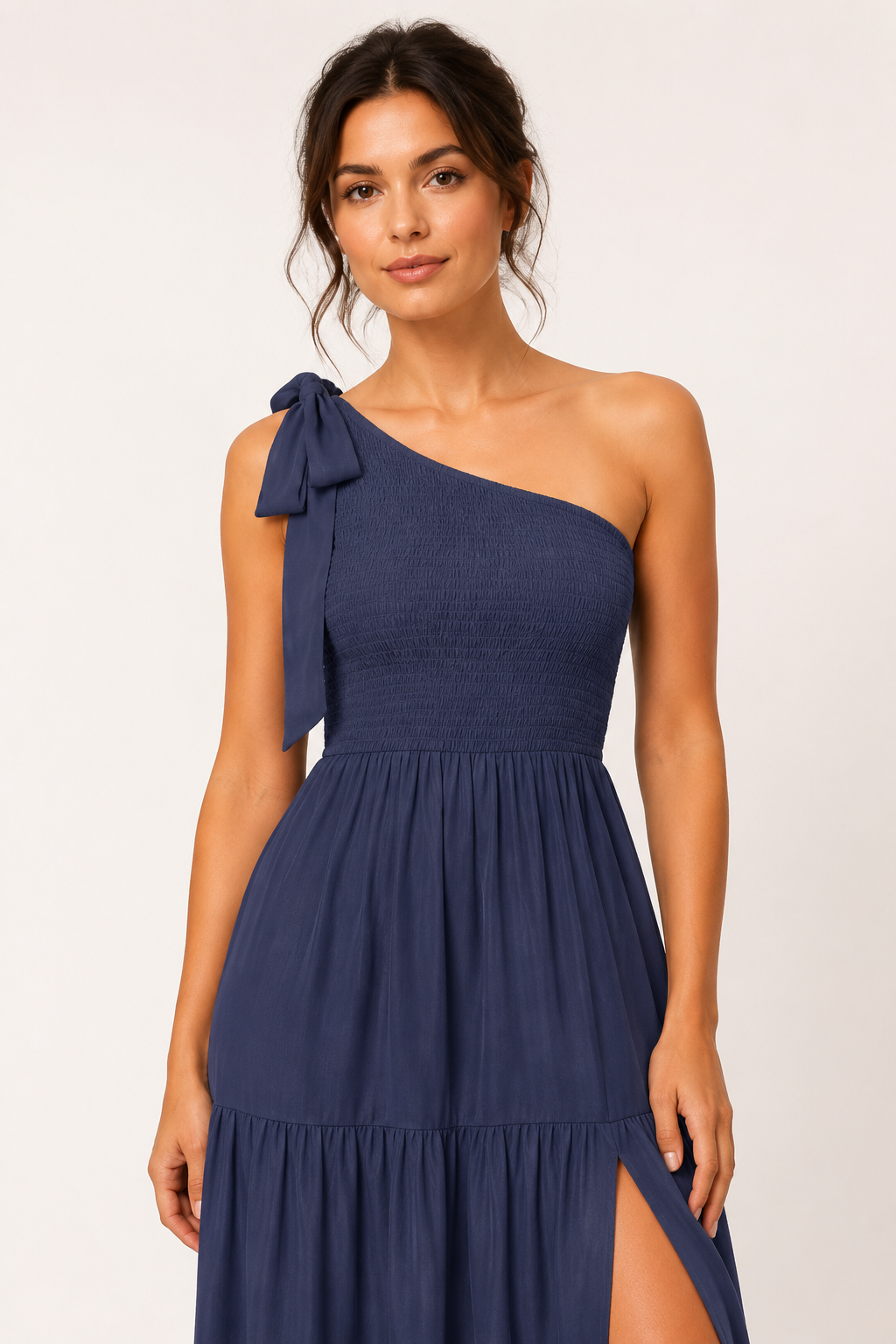 Vestido largo mujer un hombro lazo busto fruncido abertura – Karla