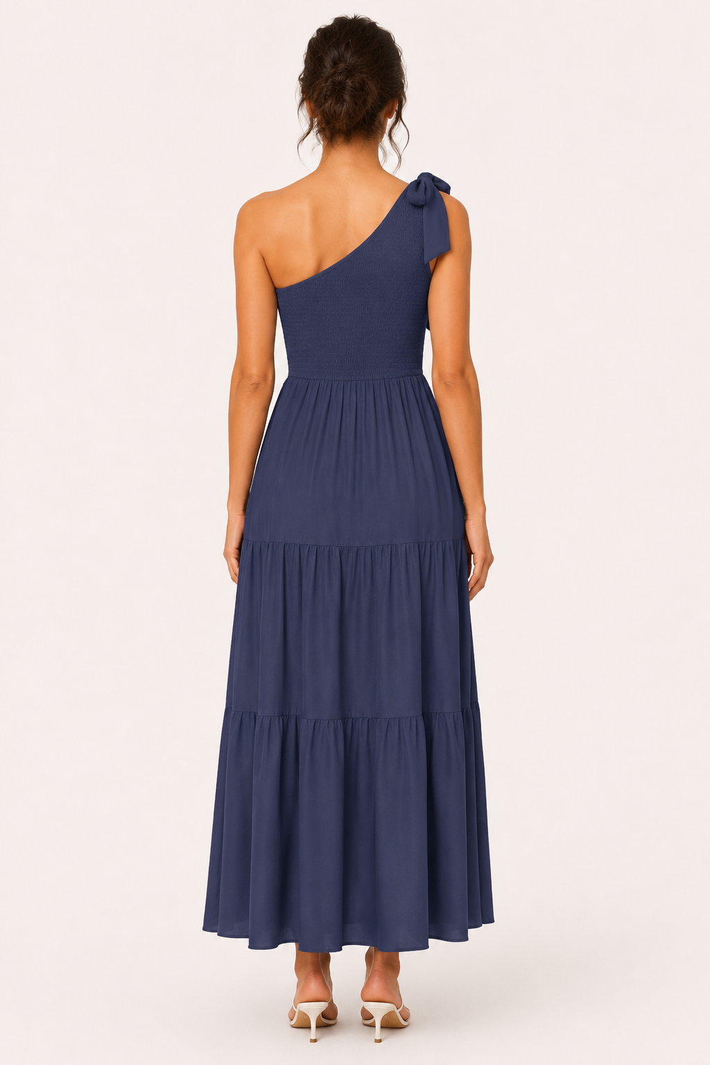 Vestido largo mujer un hombro lazo busto fruncido abertura – Karla