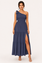 Vestido largo mujer un hombro lazo busto fruncido abertura – Karla