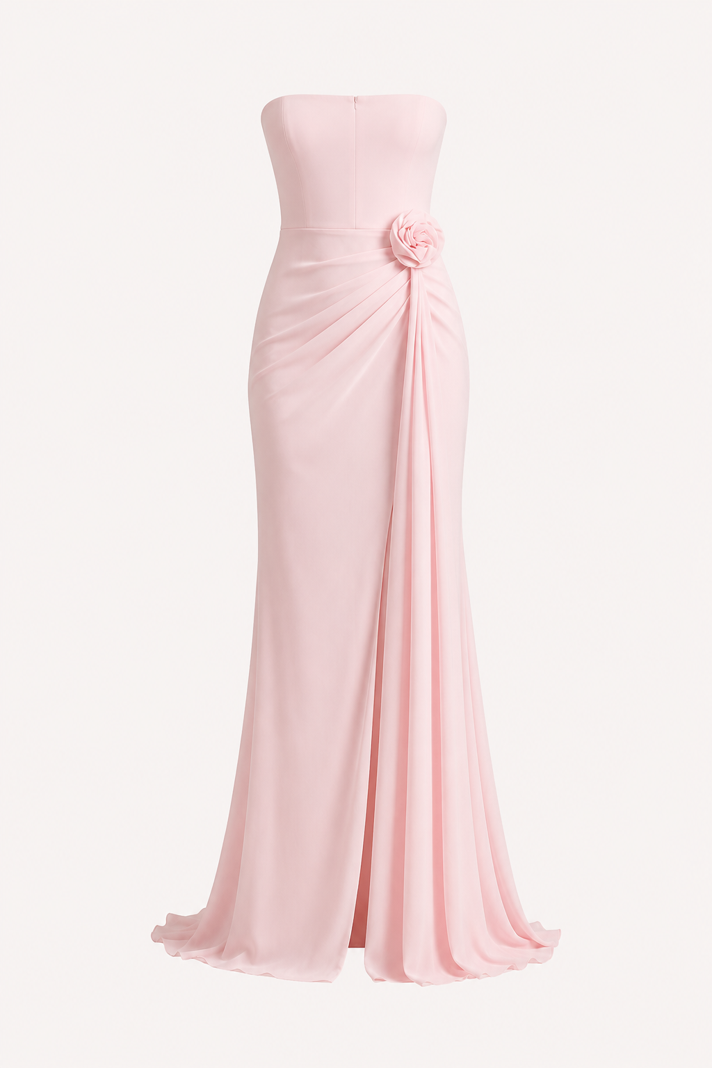 Vestido largo mujer strapless drapeado flor abertura frontal – Mónika