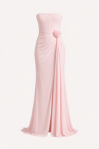 Vestido largo mujer strapless drapeado flor abertura frontal – Mónika