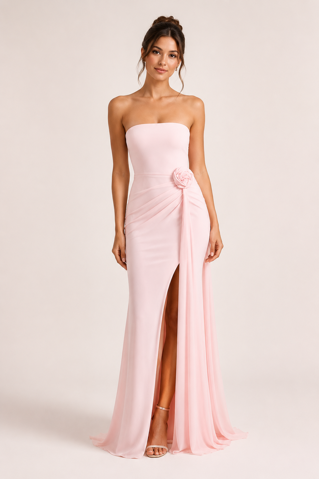 Vestido largo mujer strapless drapeado flor abertura frontal – Mónika