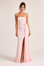 Vestido largo mujer strapless drapeado flor abertura frontal – Mónika
