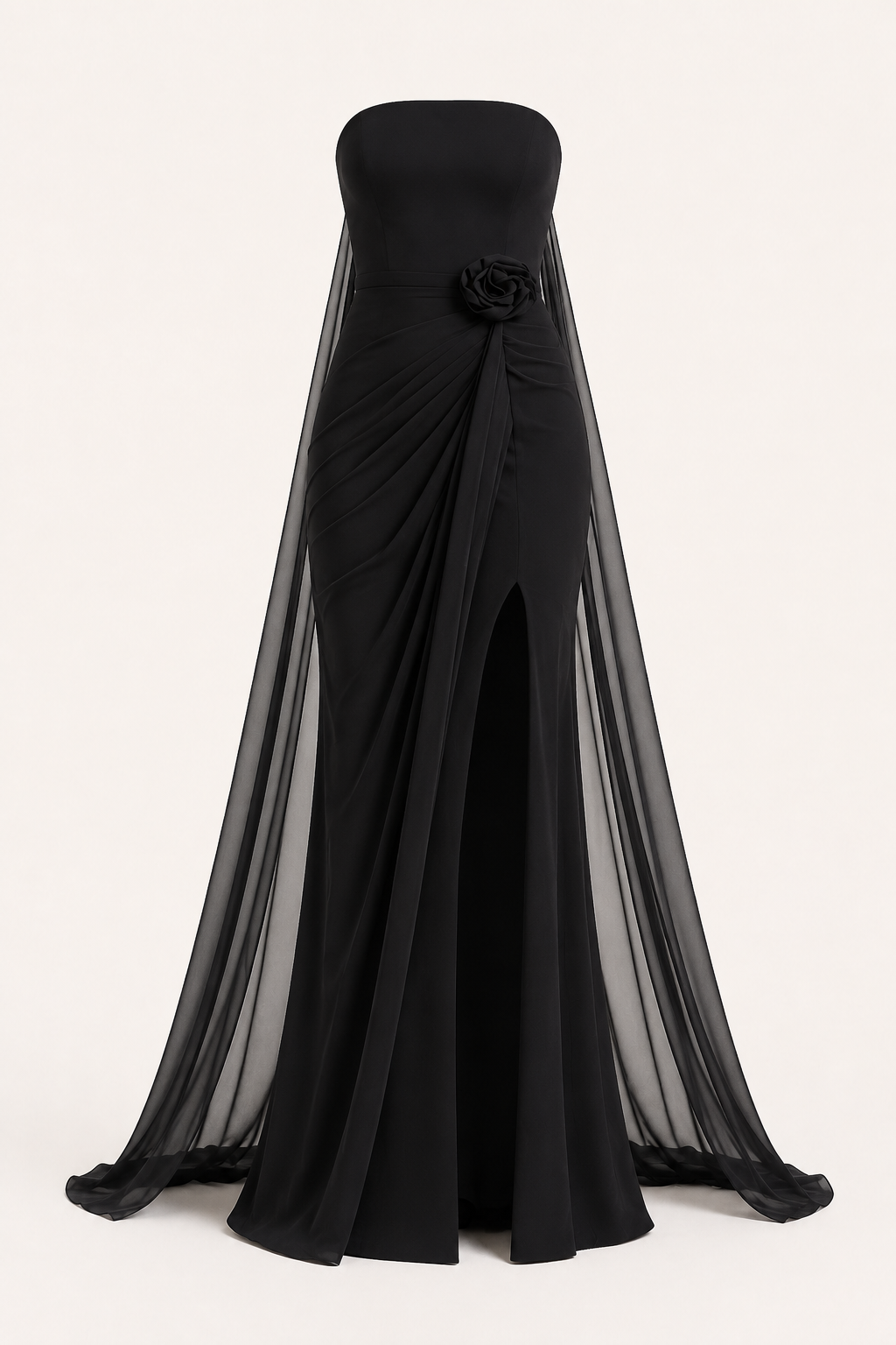 Vestido largo mujer strapless drapeado flor abertura frontal – Mónika