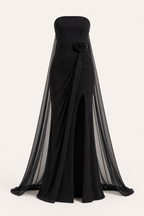 Vestido largo mujer strapless drapeado flor abertura frontal – Mónika