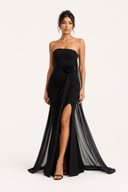 Vestido largo mujer strapless drapeado flor abertura frontal – Mónika