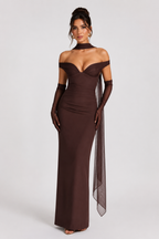 Vestido fiesta largo mujer escote bardot cuello scarf – Fanny