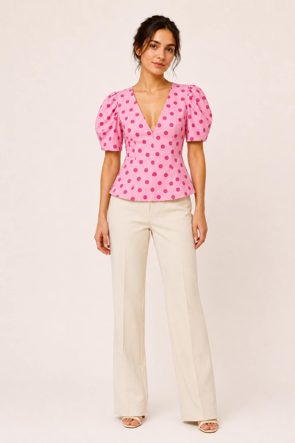 Blusa mujer escote V lunares manga abullonada corte entallado – Romy
