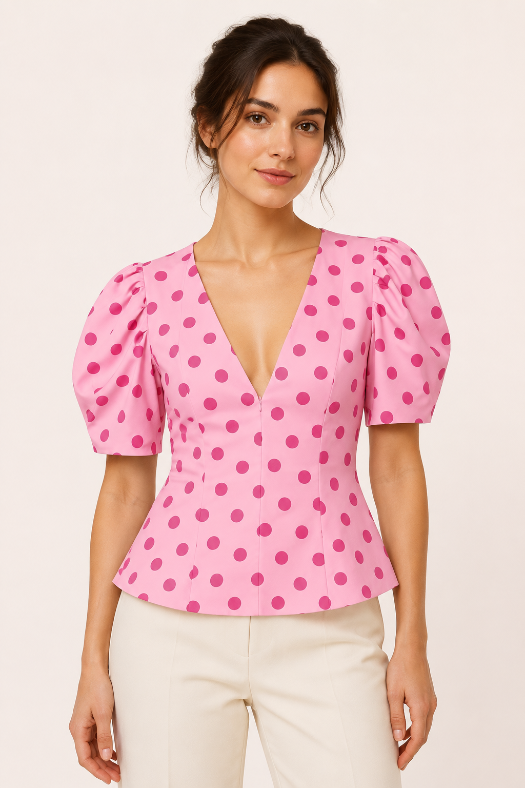 Blusa mujer escote V lunares manga abullonada corte entallado – Romy