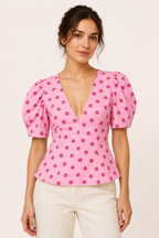 Blusa mujer escote V lunares manga abullonada corte entallado – Romy